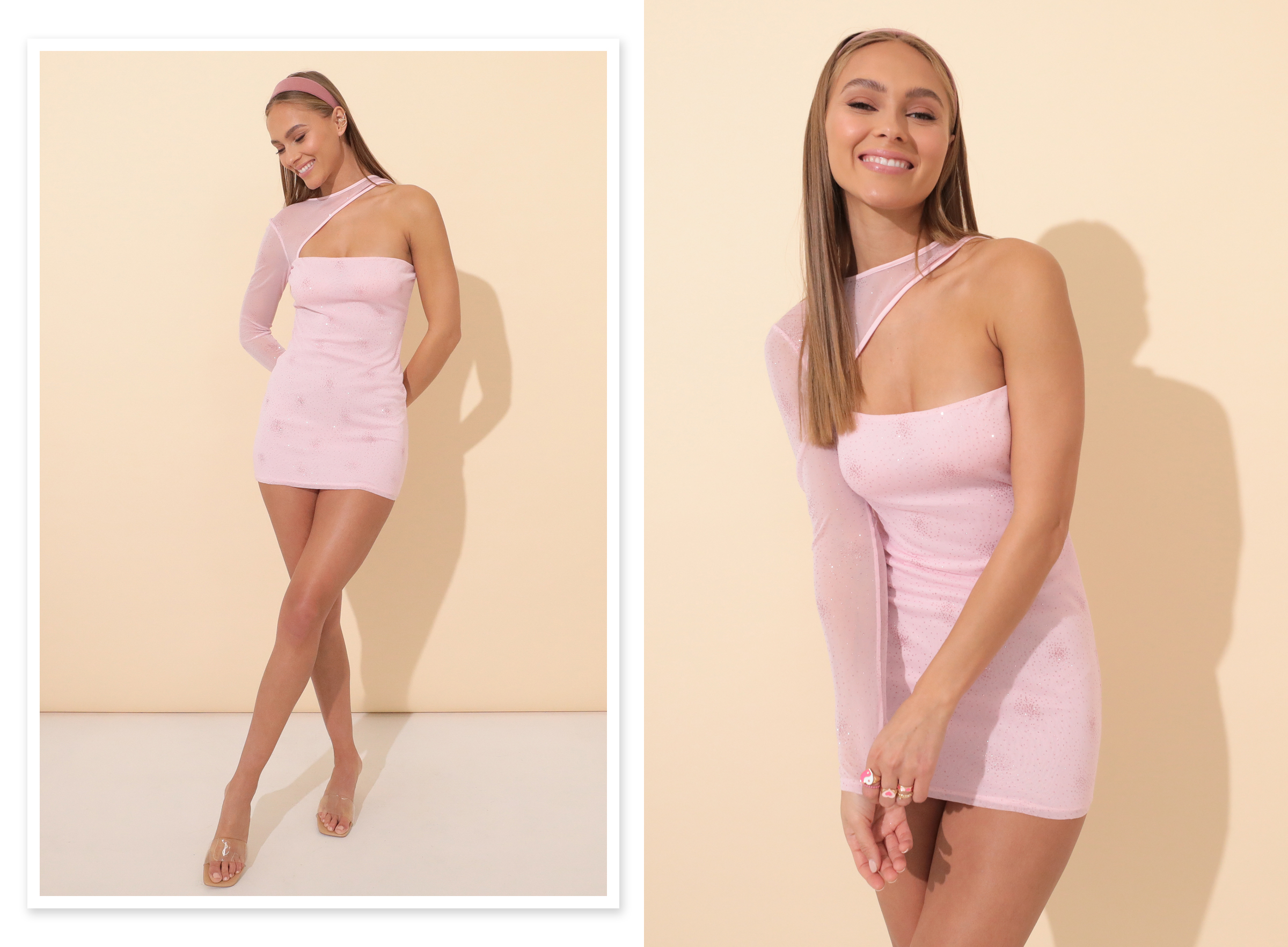 Robyn One Sleeve Dress in Pink Shimmer