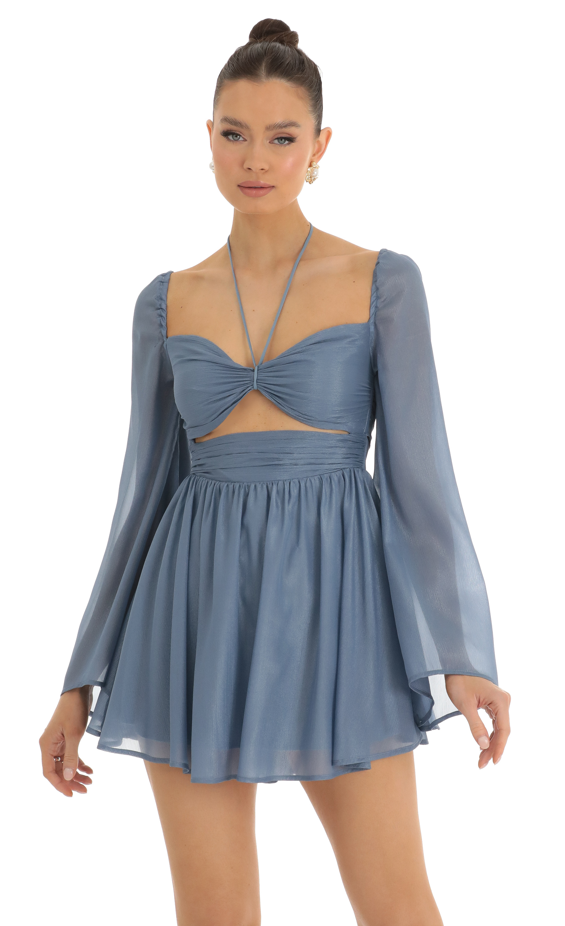 Haleigh Flare Sleeve Halter Dress in Blue