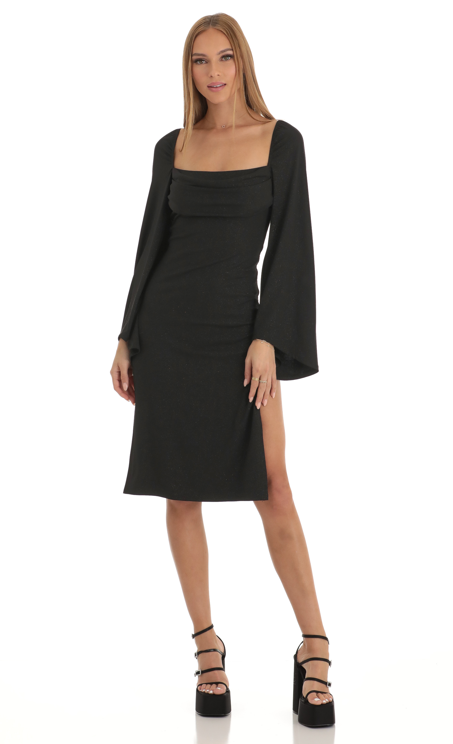 Jazlyn Glitter Flare Sleeve Midi Dress in Black