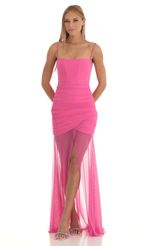 Picture Poppie Ruched Mesh Illusion Maxi Dress in Hot Pink. Source: https://media.lucyinthesky.com/data/Jan23/150xAUTO/0c0956ff-3161-422a-ba14-771732384887.jpg