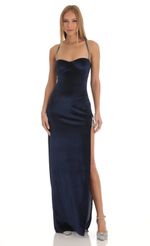 Picture Baylin Velvet Rhinestone Slit Maxi Dress in Dark Blue. Source: https://media.lucyinthesky.com/data/Jan23/150xAUTO/0c433739-5b48-41ee-bf29-eaddc75bf862.jpg