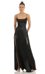 Picture Caitlin Satin Slit Maxi Dress in Black. Source: https://media.lucyinthesky.com/data/Jan23/150xAUTO/3b5d65f4-38cb-48b9-a96a-a2d9aa652152.jpg