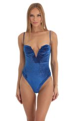 Picture Audrianna V-Neck Velvet Bodysuit in Blue. Source: https://media.lucyinthesky.com/data/Jan23/150xAUTO/4c505fd6-ff9e-4198-86b8-975c06f47a2f.jpg