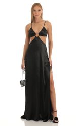 Picture Capri Satin Cutout Maxi Dress in Black. Source: https://media.lucyinthesky.com/data/Jan23/150xAUTO/6db4864f-44ce-4b00-a7d1-e4fcc68e175a.jpg