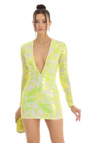 Picture thumb Paris Mesh Iridescent Sequin Plunge Dress in Neon Yellow. Source: https://media.lucyinthesky.com/data/Jan23/170xAUTO/1c5b6bf8-8634-487f-9cbe-18a888a4cac9.jpg
