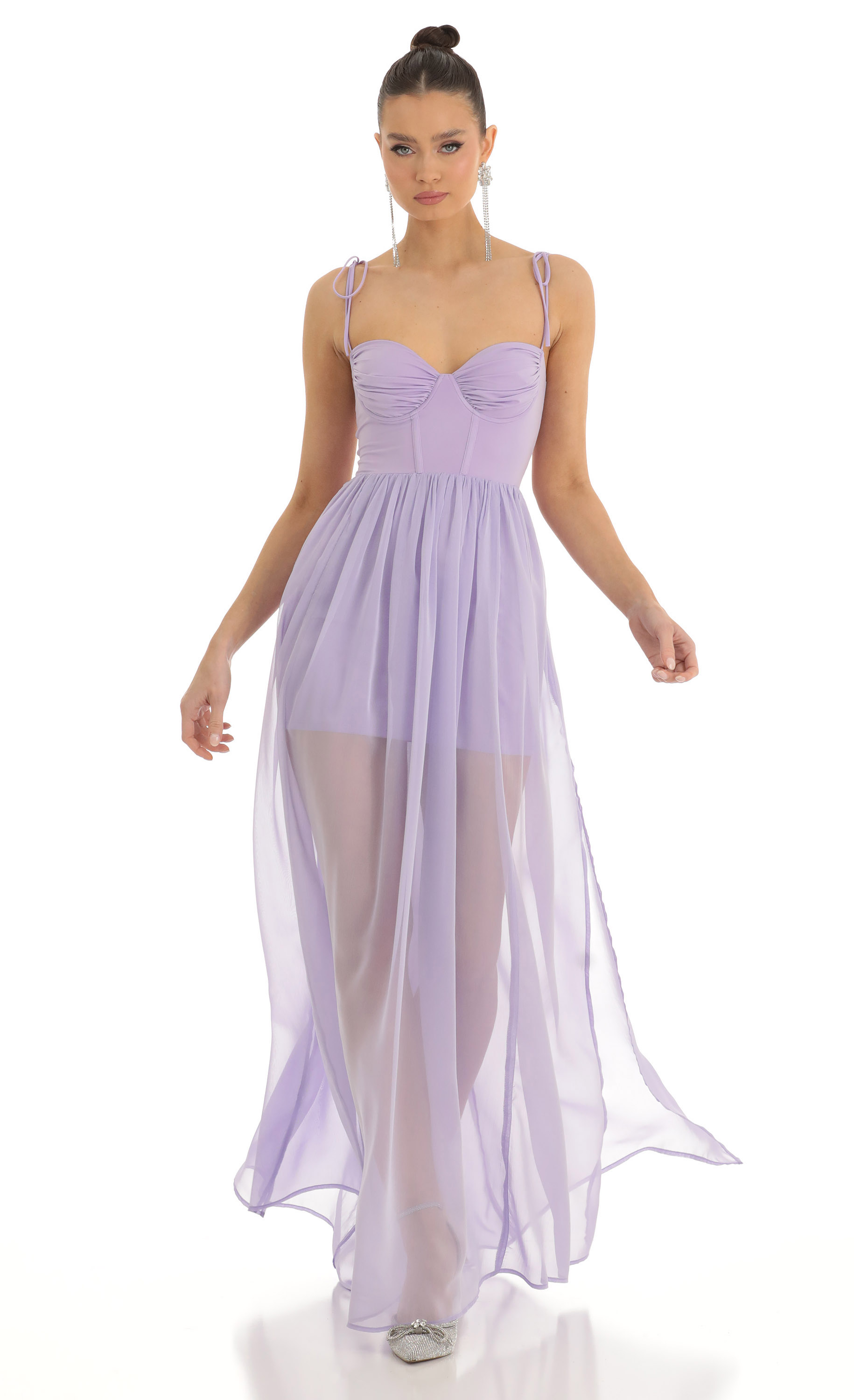 Alida Chiffon Illusion Corset Maxi Dress in Lilac