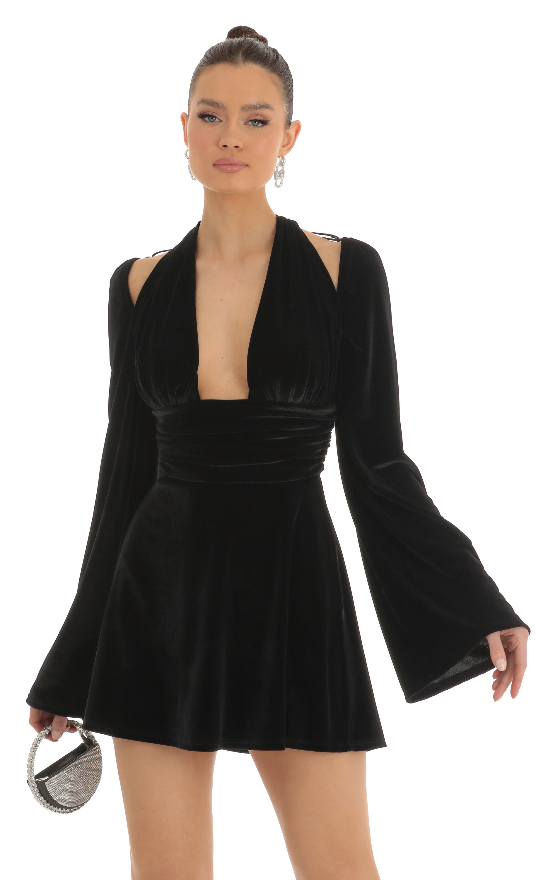 Indya Velvet Cold Shoulder Plunge Dress in Black
