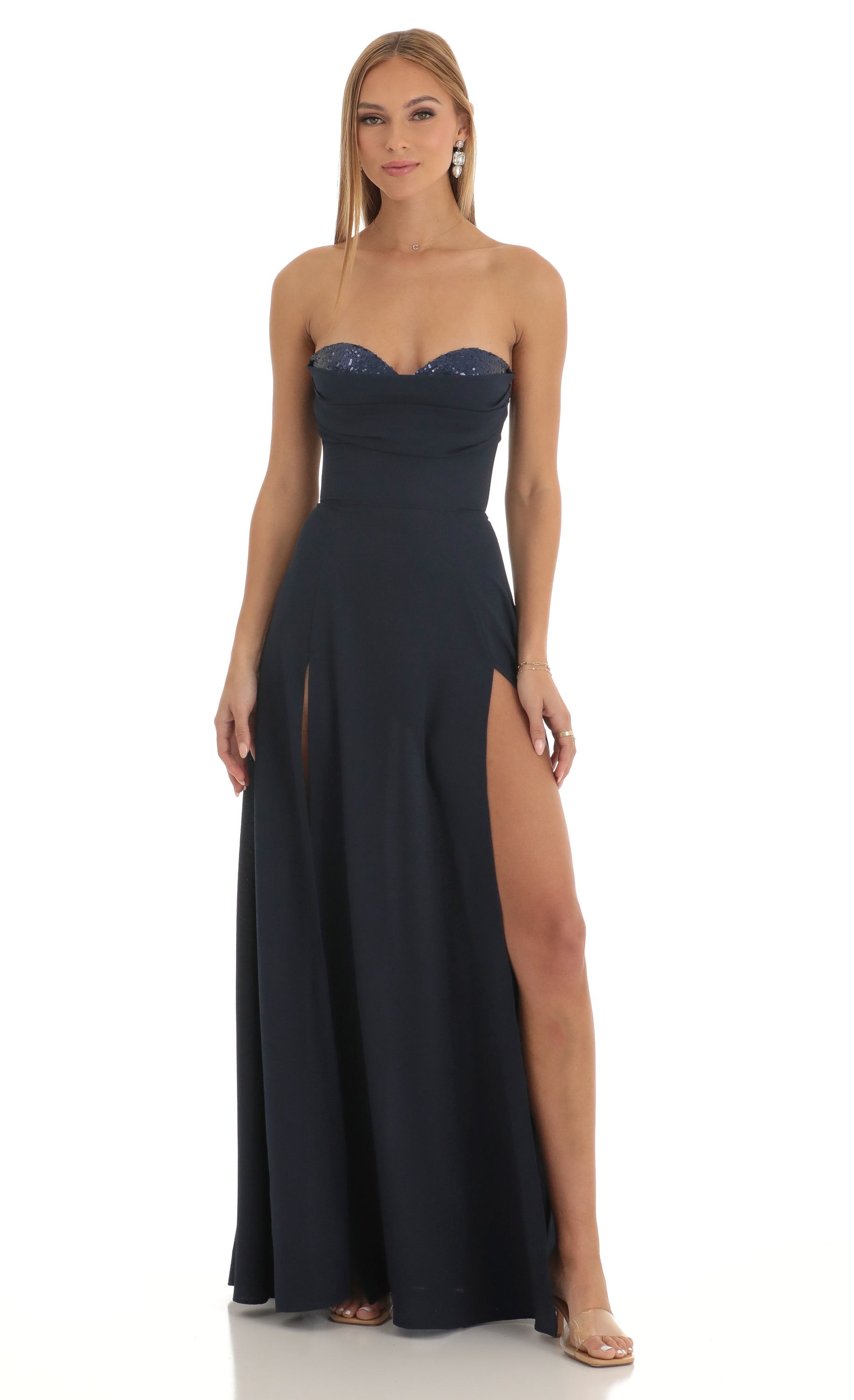 Julissa Sequin Bust Crepe Maxi Dress in Dark Blue