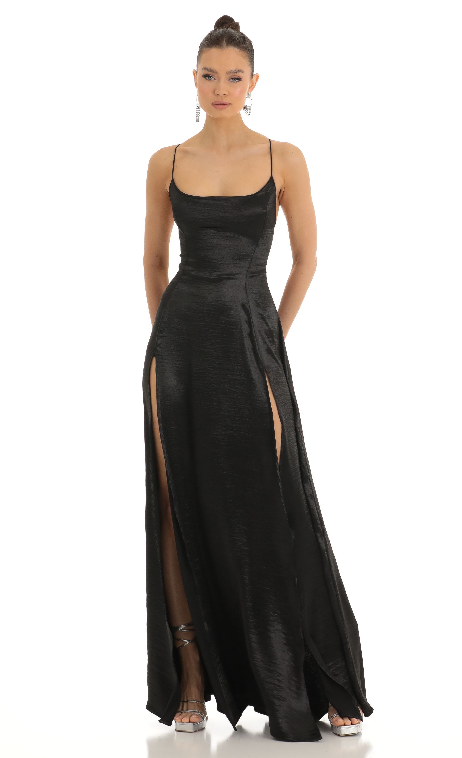 Caitlin Satin Slit Maxi Dress in Black