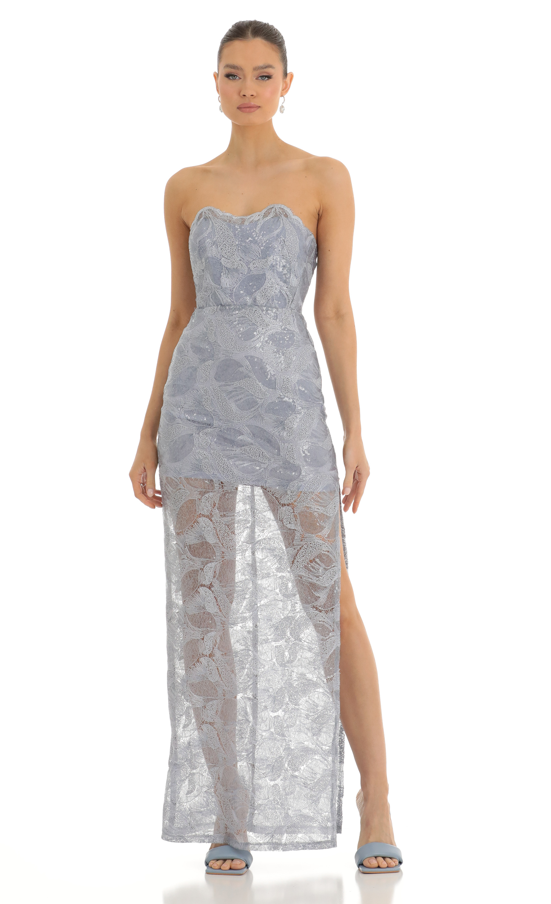 Idris Sequin Strapless Maxi Dress in Silver