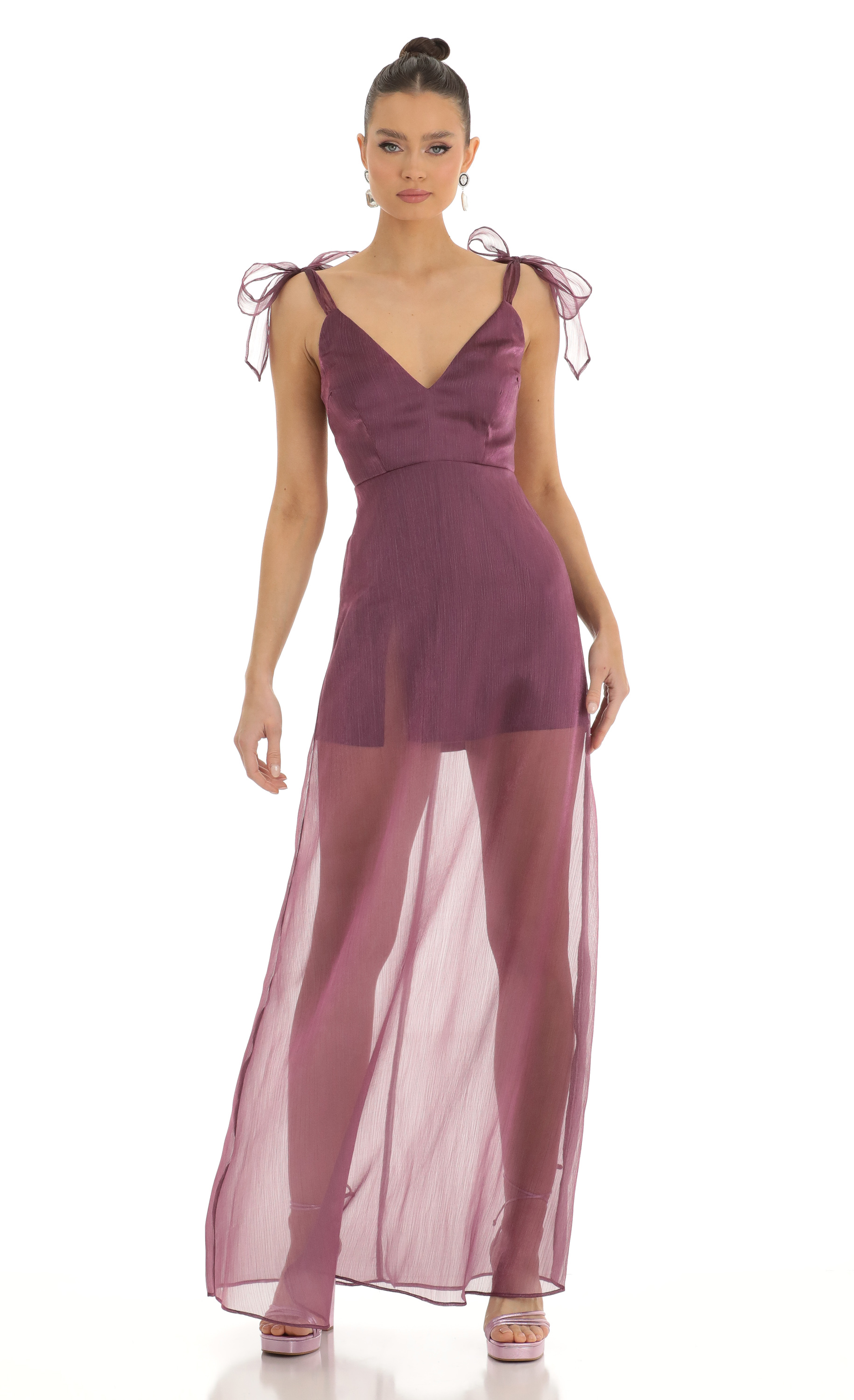 Tia Shoulder Bow A-Line Illusion Maxi Dress in Purple