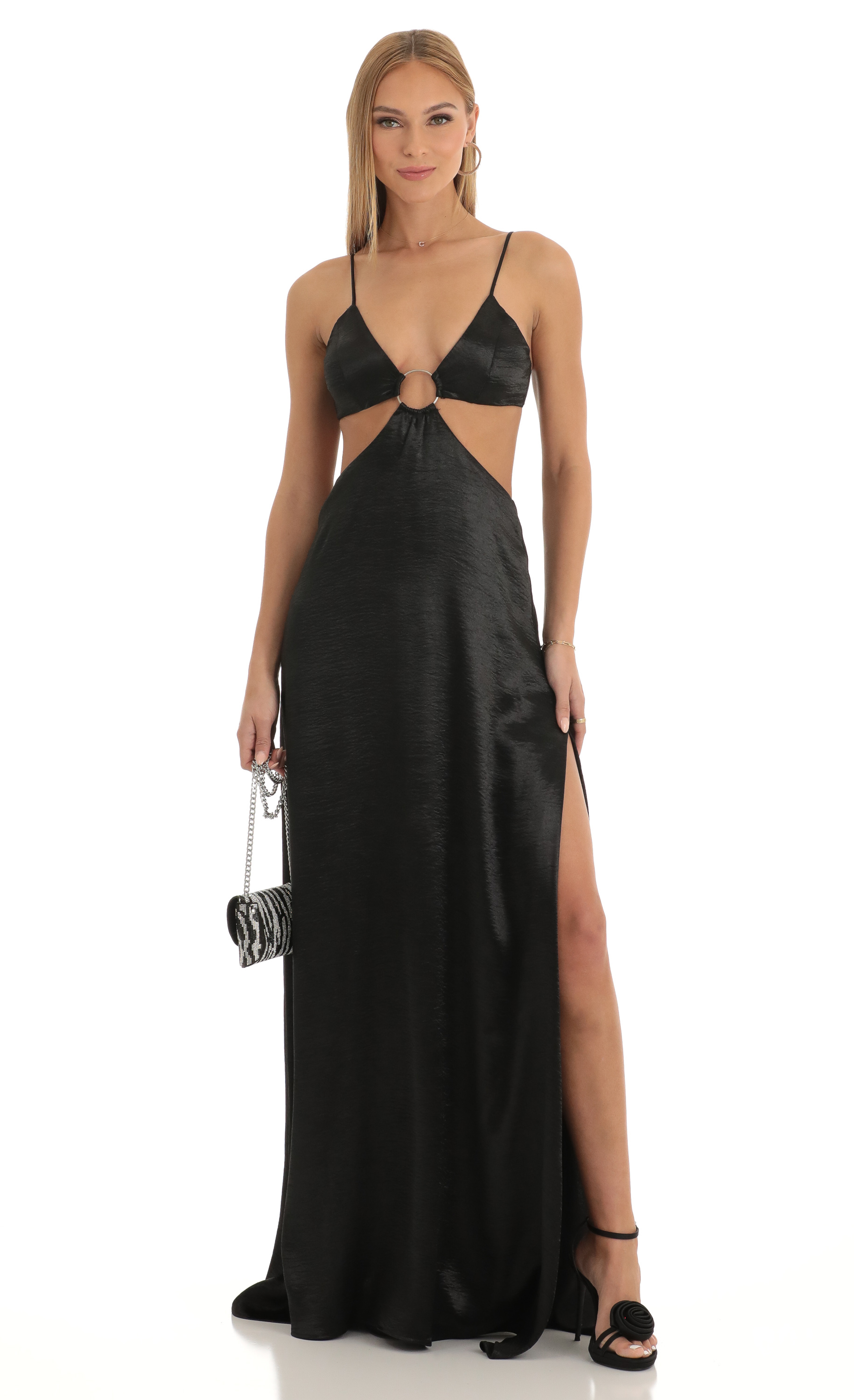 Capri Satin Cutout Maxi Dress in Black
