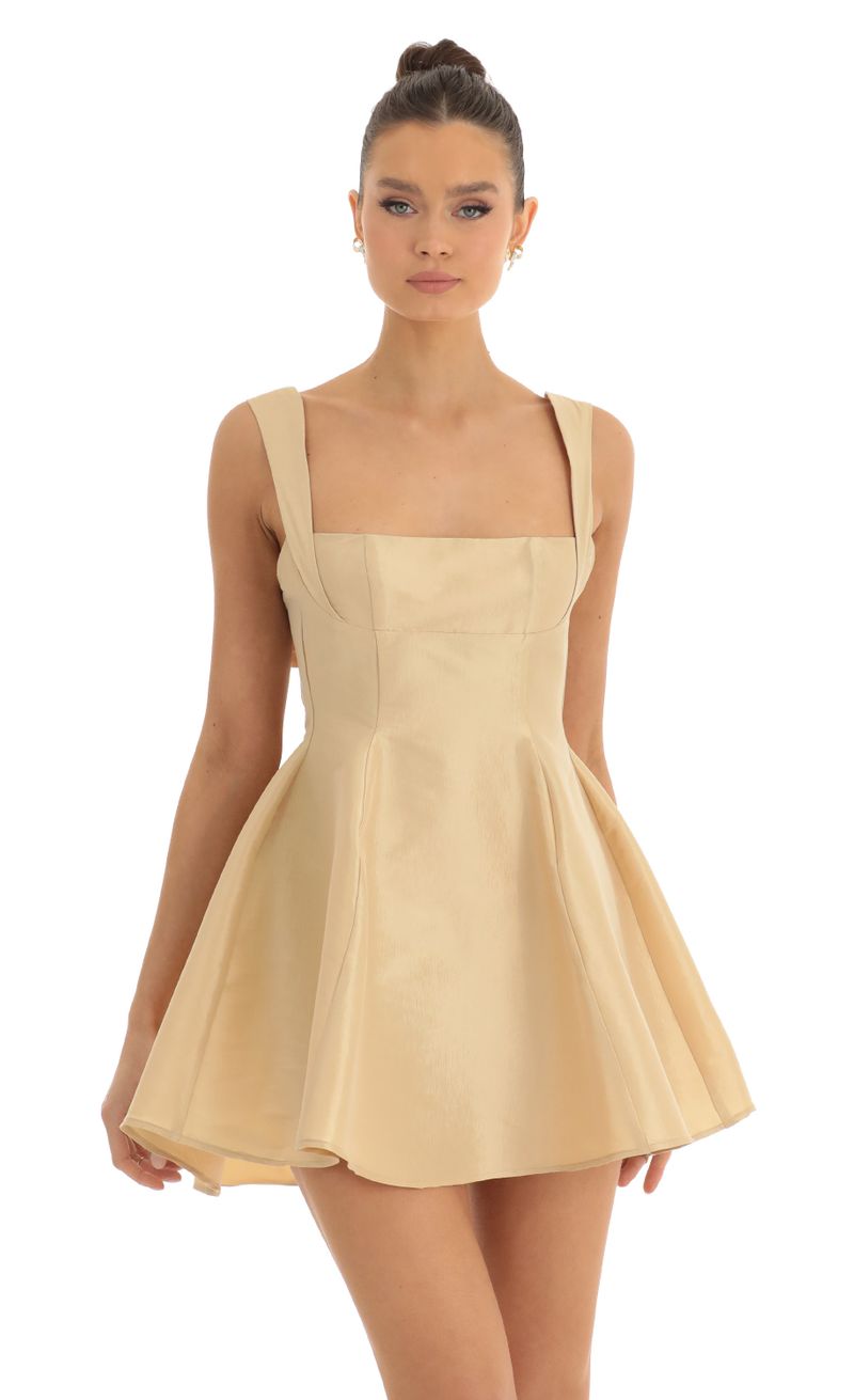 Picture Foxie Fit and Flare Dress in Champagne. Source: https://media.lucyinthesky.com/data/Jan23/800xAUTO/094672f9-140f-4929-aa41-37534afaf58a.jpg