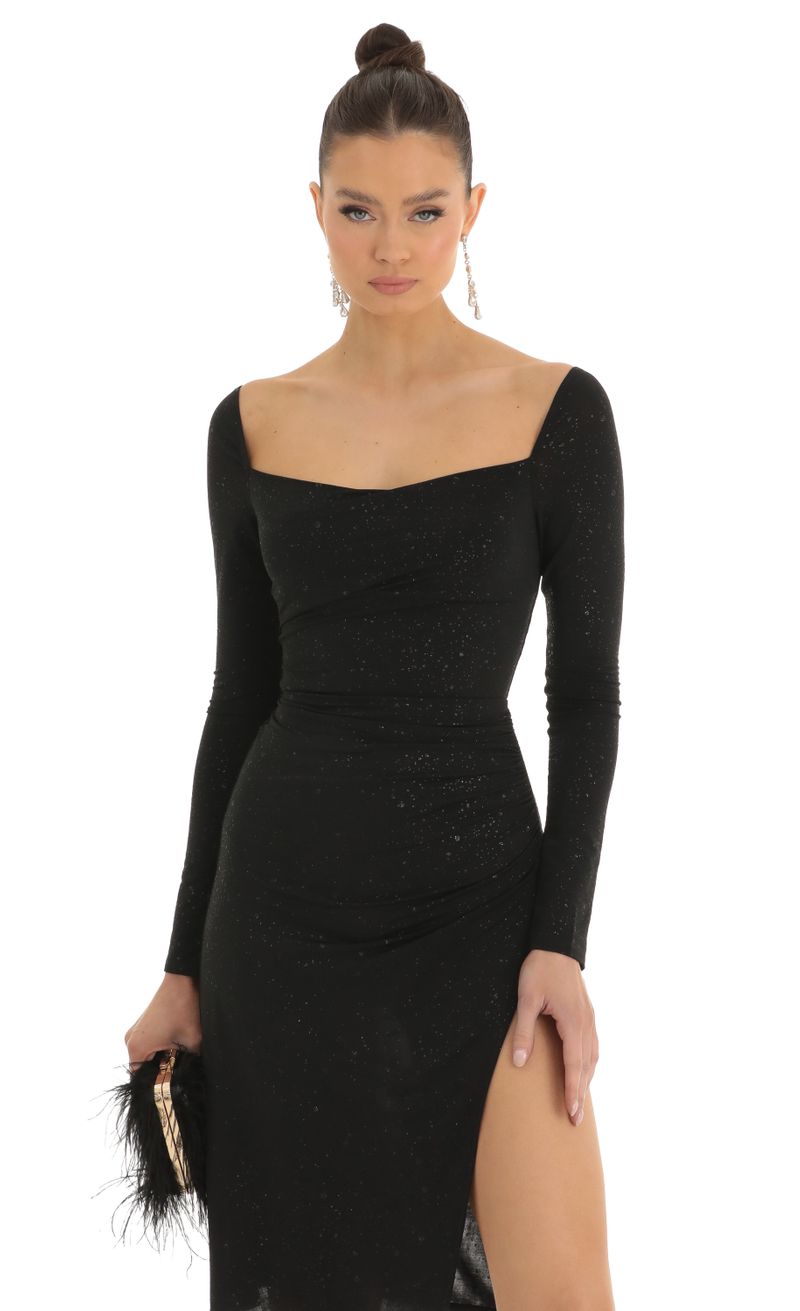 Picture Cleo Glitter Long Sleeve Bodycon Midi Dress in Black. Source: https://media.lucyinthesky.com/data/Jan23/800xAUTO/14ceb56b-47f8-4758-ab47-81bdbf184a5a.jpg