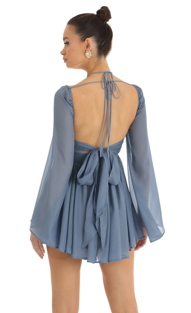 Picture Haleigh Flare Sleeve Halter Dress in Blue. Source: https://media.lucyinthesky.com/data/Jan23/800xAUTO/47d0efd0-533a-46c6-9c31-d1a2bef73bd9.jpg