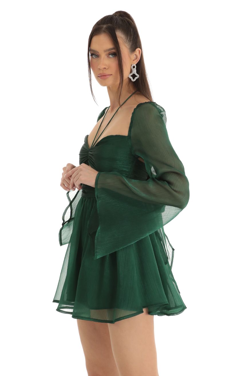 Picture Haleigh Flare Sleeve Halter Dress in Green. Source: https://media.lucyinthesky.com/data/Jan23/800xAUTO/5e4f0589-8c9f-4ae0-8cbc-4487071b1464.jpg