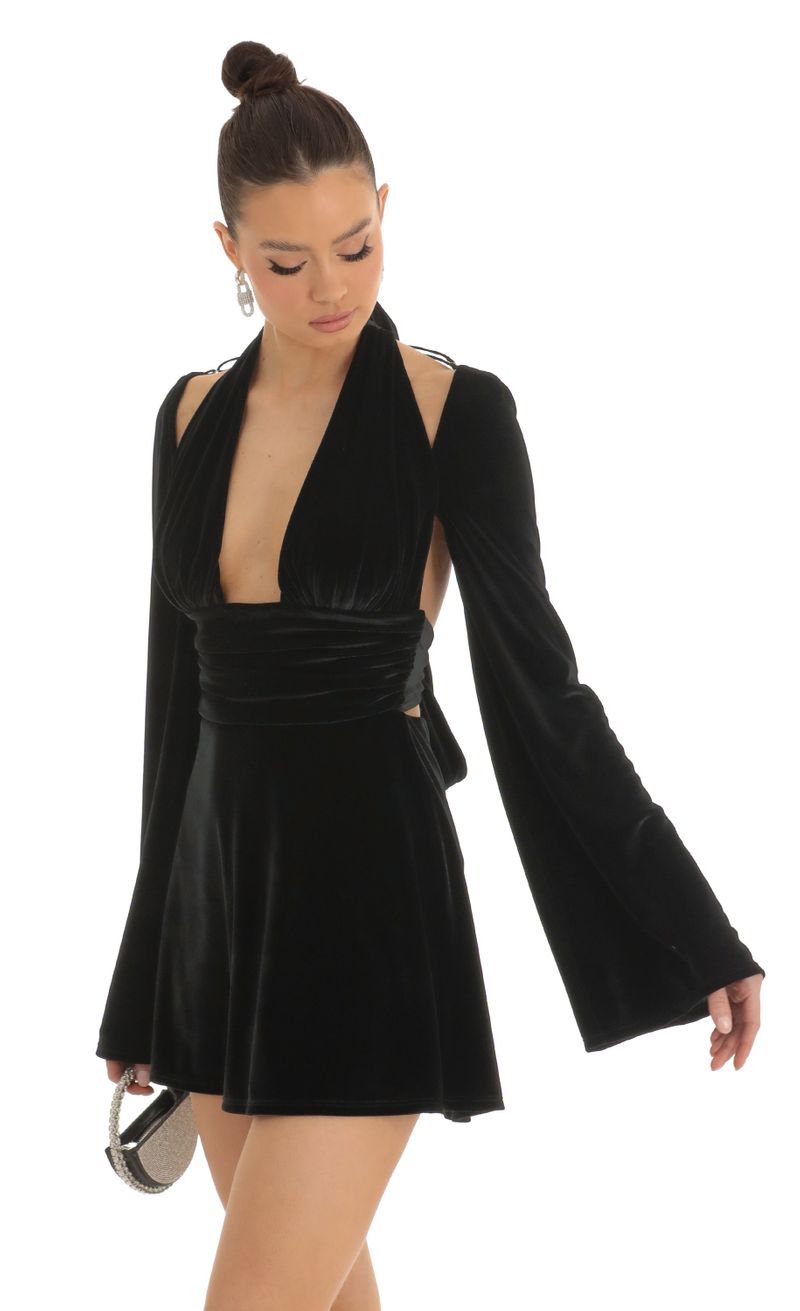 Picture Indya Velvet Cold Shoulder Plunge Dress in Black. Source: https://media.lucyinthesky.com/data/Jan23/800xAUTO/7125360b-31f4-4e52-9eca-56ef58848a1d.jpg