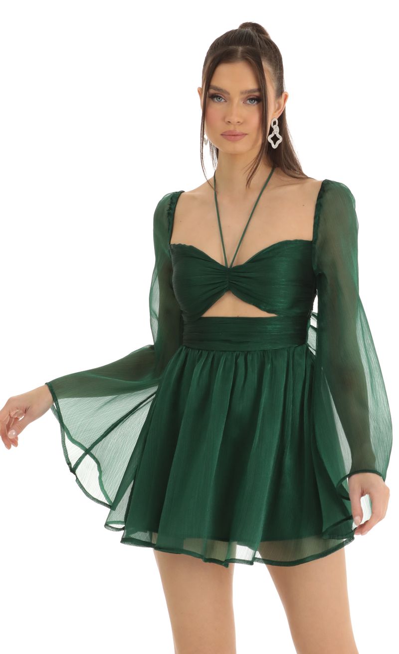 Picture Haleigh Flare Sleeve Halter Dress in Green. Source: https://media.lucyinthesky.com/data/Jan23/800xAUTO/71d85f93-f1e9-4f4f-9f9a-ab54ec3c77c6.jpg