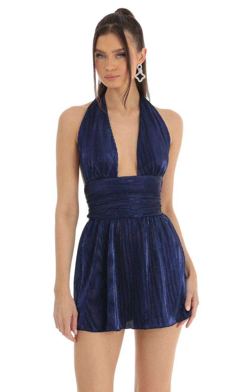 Picture Sharon Metallic Pleated Halter Dress in Blue. Source: https://media.lucyinthesky.com/data/Jan23/800xAUTO/7d0dc5e1-c7c1-4e99-b127-cb46fc7bacc6.jpg