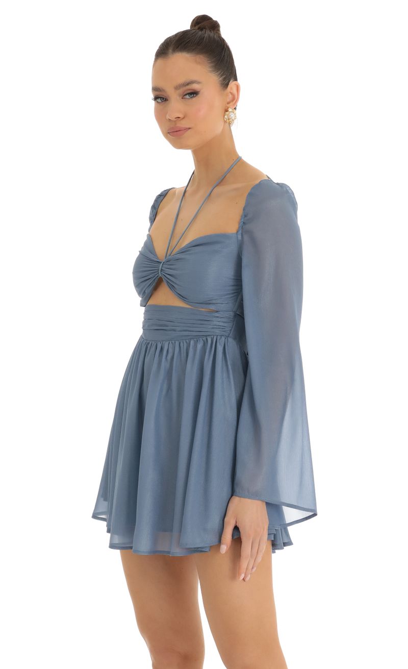Picture Haleigh Flare Sleeve Halter Dress in Blue. Source: https://media.lucyinthesky.com/data/Jan23/800xAUTO/7d2d4231-18ad-477c-b36d-ab5f28254ba9.jpg