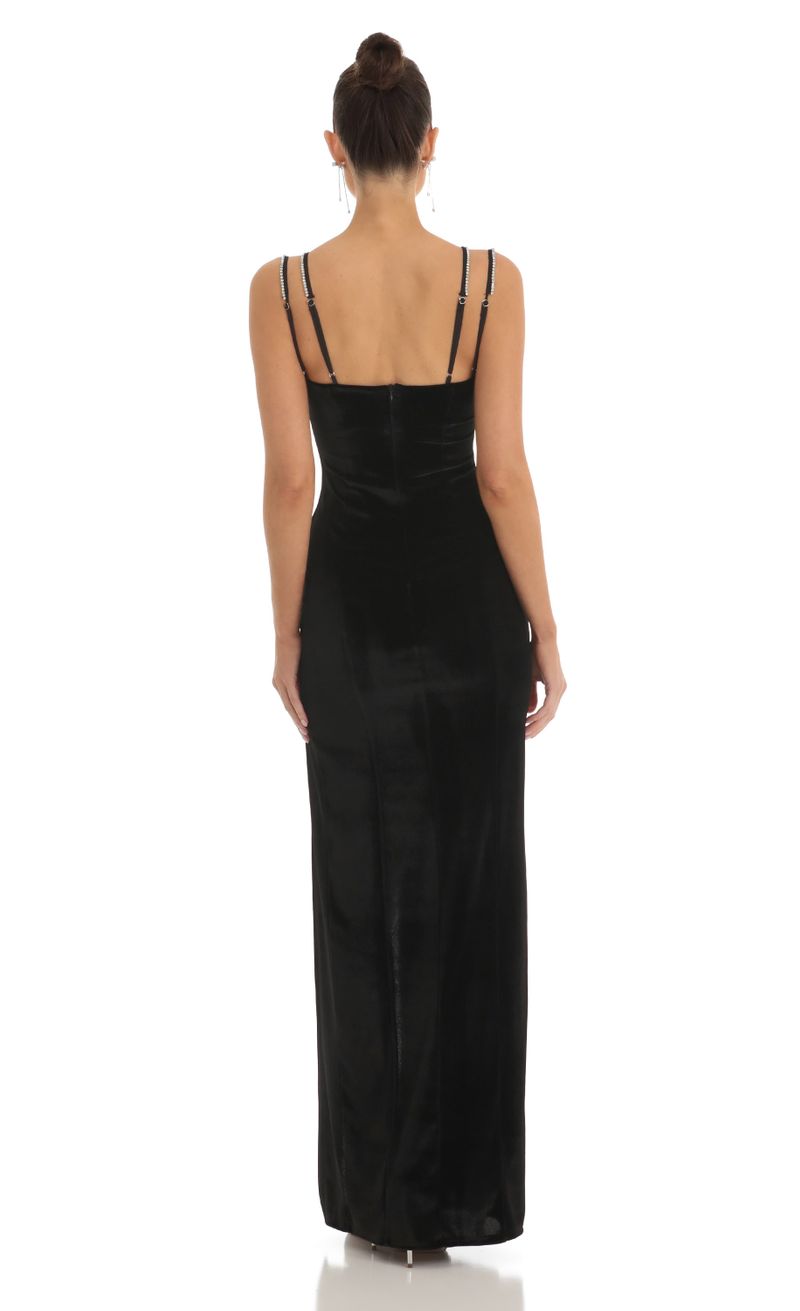 Picture Telsa Rhinstone Bust Velvet Maxi Dress in Black. Source: https://media.lucyinthesky.com/data/Jan23/800xAUTO/bab6e0df-d22c-4fa4-a881-f6200ff0ee8f.jpg
