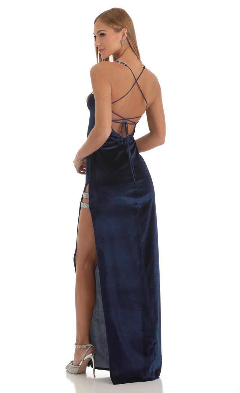 Picture Baylin Velvet Rhinestone Slit Maxi Dress in Dark Blue. Source: https://media.lucyinthesky.com/data/Jan23/800xAUTO/bb6bd5fc-5e57-4130-8315-0fe4056acc24.jpg