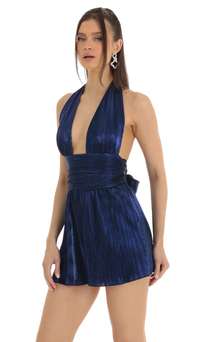 Picture Sharon Metallic Pleated Halter Dress in Blue. Source: https://media.lucyinthesky.com/data/Jan23/800xAUTO/bd6d2173-1d51-4e85-9959-0ad1b7372e70.jpg