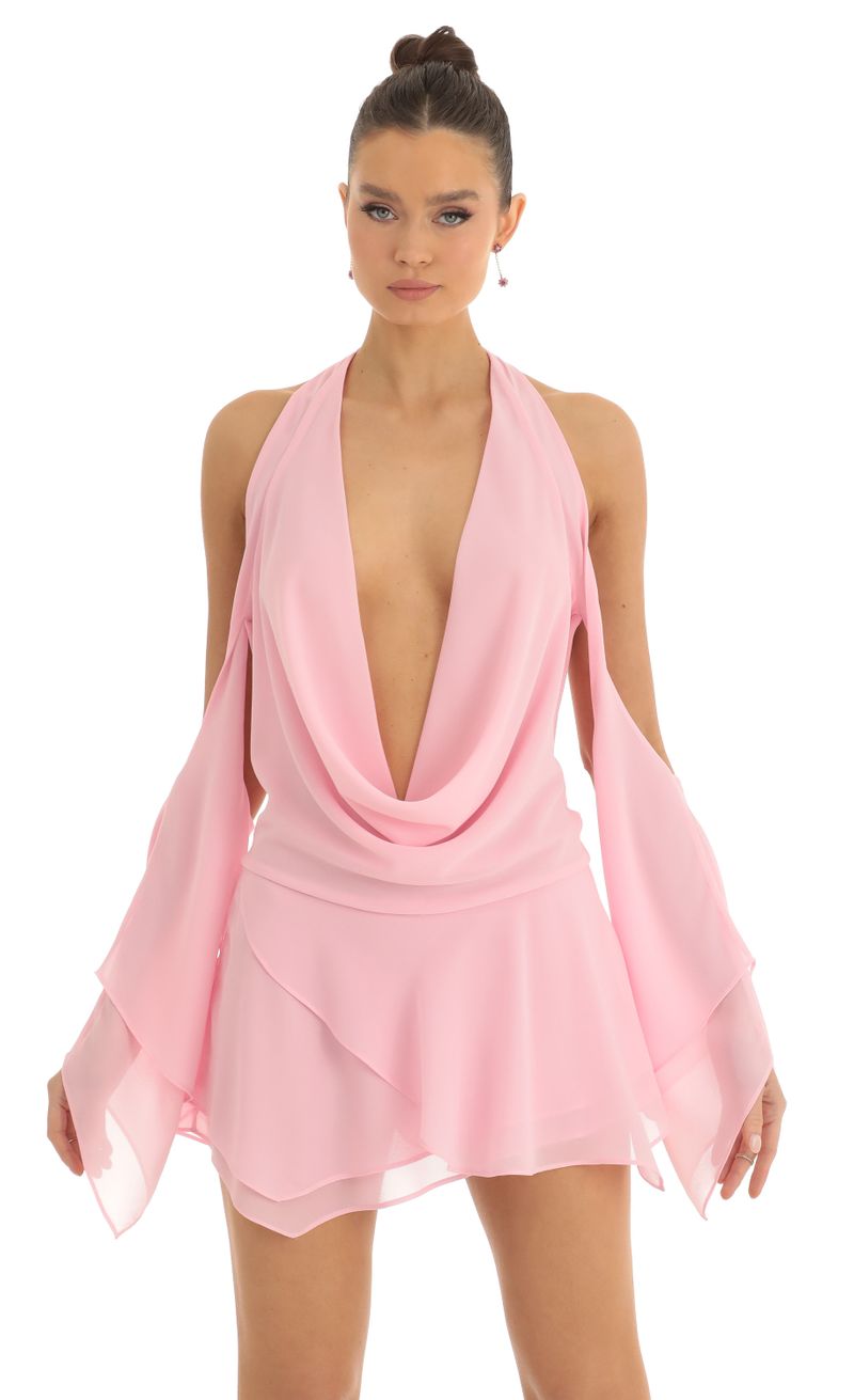 Picture Brandie Chiffon Draped Cowl Neck Dress in Pink. Source: https://media.lucyinthesky.com/data/Jan23/800xAUTO/c1c0fa5f-341e-4f02-8193-61dc7c77f67c.jpg