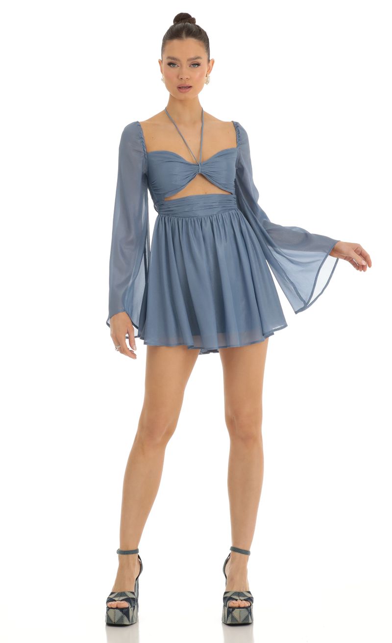 Picture Haleigh Flare Sleeve Halter Dress in Blue. Source: https://media.lucyinthesky.com/data/Jan23/800xAUTO/d25549eb-bd41-4ba8-b91c-3acb750e4793.jpg