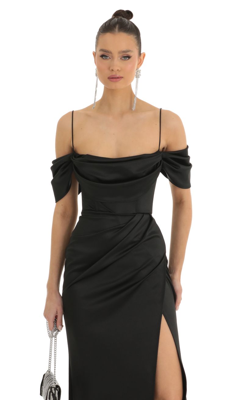 Eris Satin Cowl Off Shoulder Maxi Dress in Black | Lucy in the Sky