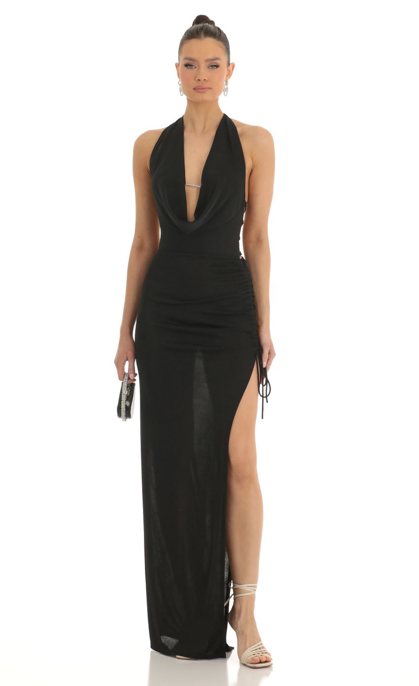 Picture Sherri Ruched Plunge Maxi Dress in Black. Source: https://media.lucyinthesky.com/data/Jan23/850xAUTO/0407a71b-68db-4674-9d2d-872ebe65a49f.jpg