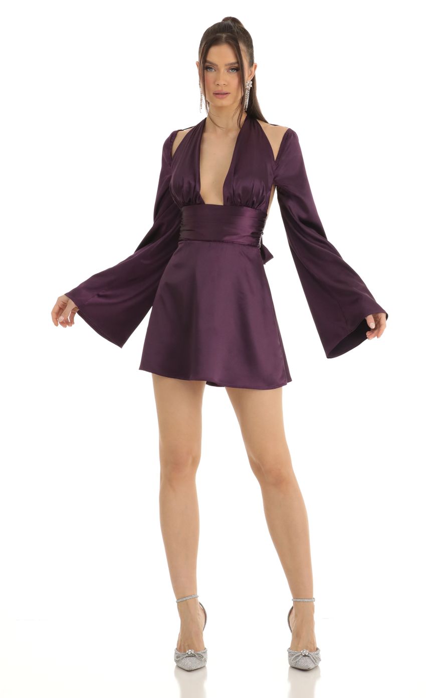 Picture Indya Satin Cold Shoulder Plunge Dress in Purple. Source: https://media.lucyinthesky.com/data/Jan23/850xAUTO/05a6480f-8c90-4287-aab9-902807733855.jpg