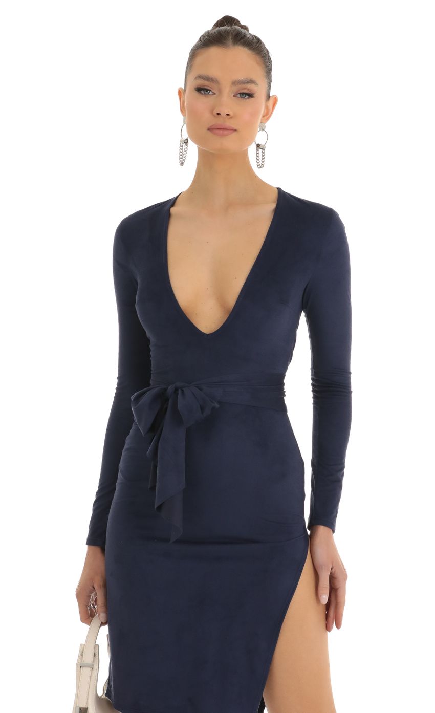 Picture Overa Suede Front Tie Midi Dress in Dark Blue. Source: https://media.lucyinthesky.com/data/Jan23/850xAUTO/190bfc03-498c-42ad-938e-463170e1f02a.jpg