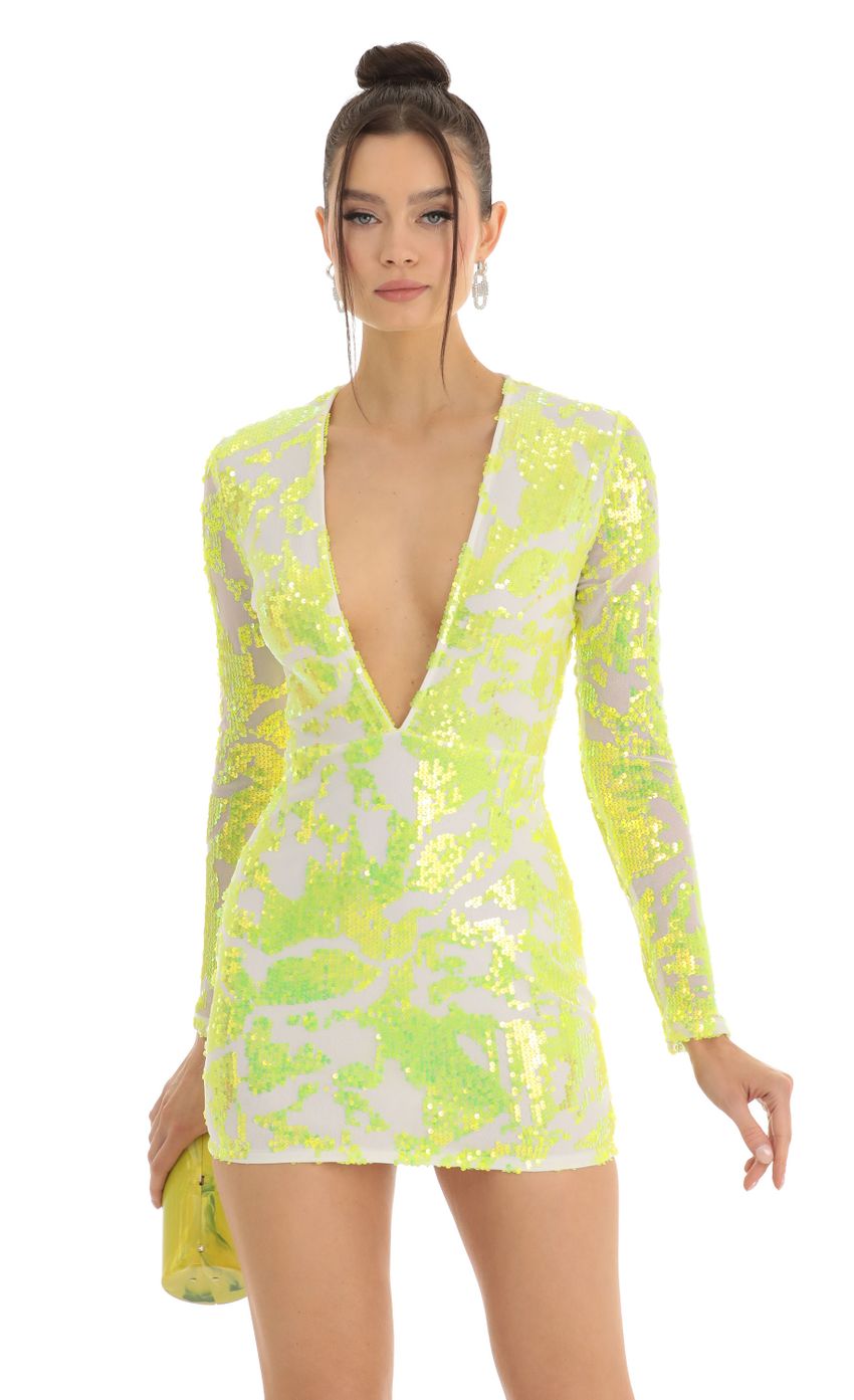 Picture Paris Mesh Iridescent Sequin Plunge Dress in Neon Yellow. Source: https://media.lucyinthesky.com/data/Jan23/850xAUTO/1c5b6bf8-8634-487f-9cbe-18a888a4cac9.jpg