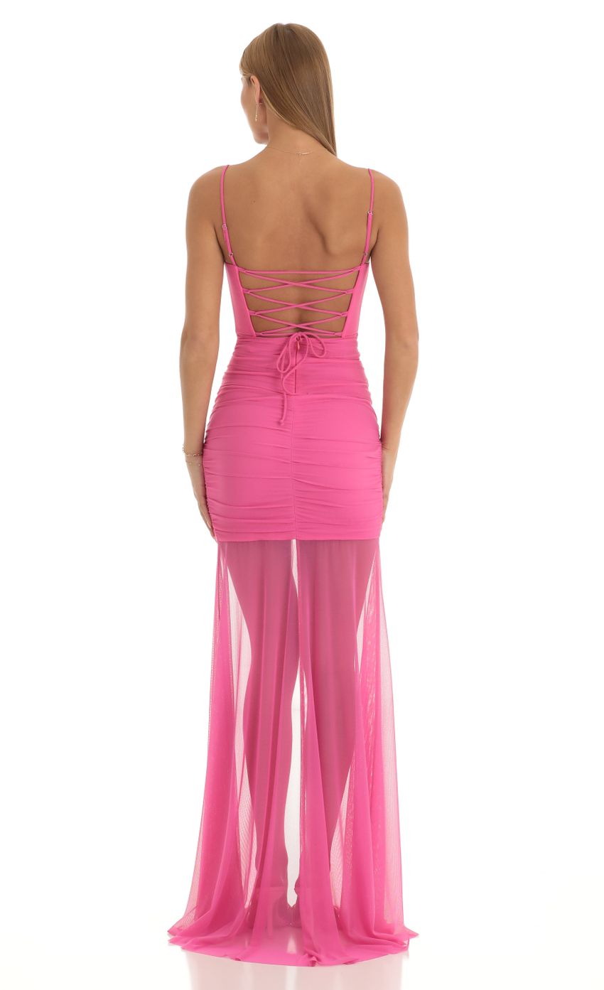 Picture Poppie Ruched Mesh Illusion Maxi Dress in Hot Pink. Source: https://media.lucyinthesky.com/data/Jan23/850xAUTO/1db9705d-06e0-4a5b-a82d-e2501b5e71f2.jpg