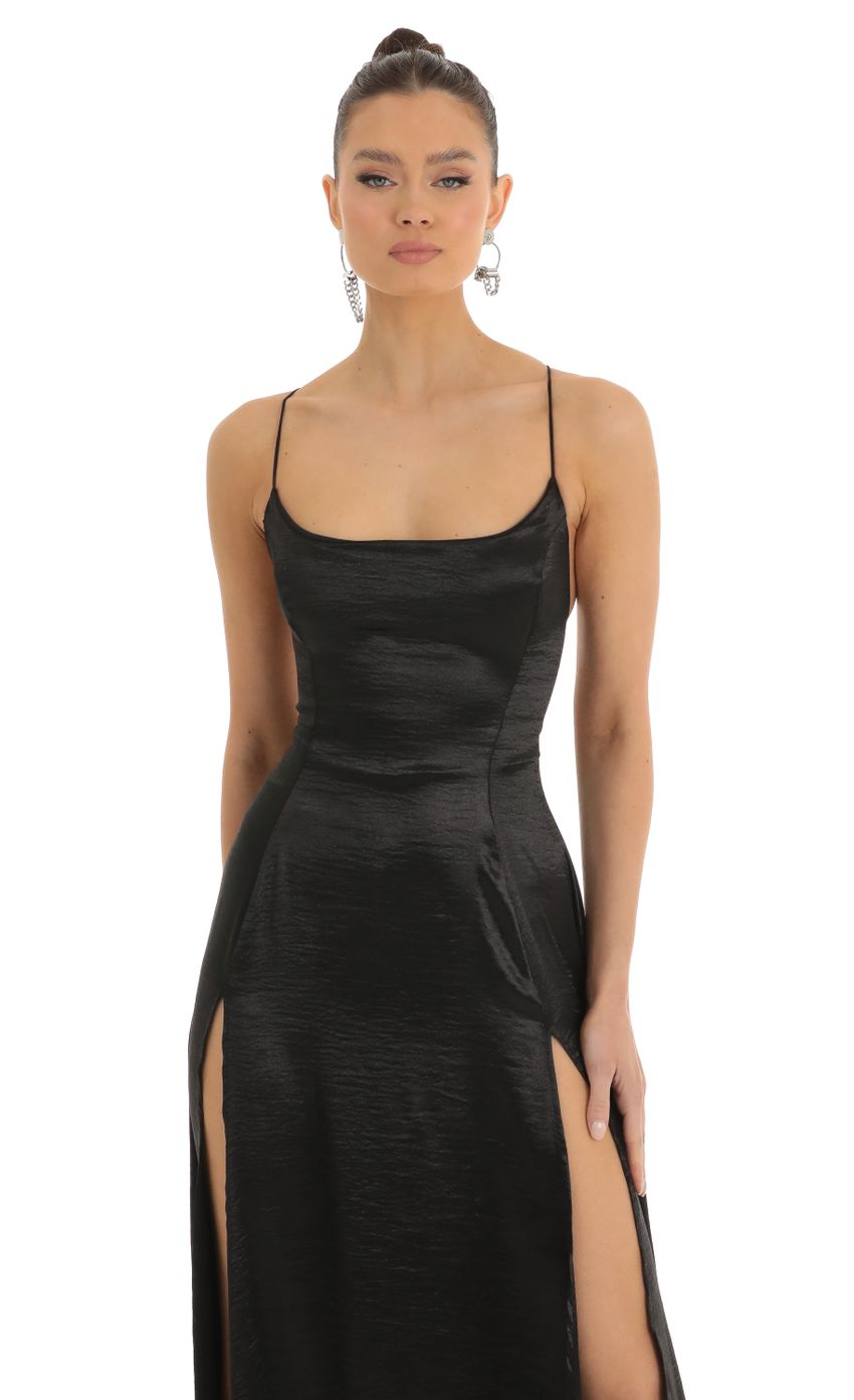 Picture Caitlin Satin Slit Maxi Dress in Black. Source: https://media.lucyinthesky.com/data/Jan23/850xAUTO/1e350c9e-652e-468b-ab00-103899deaa00.jpg