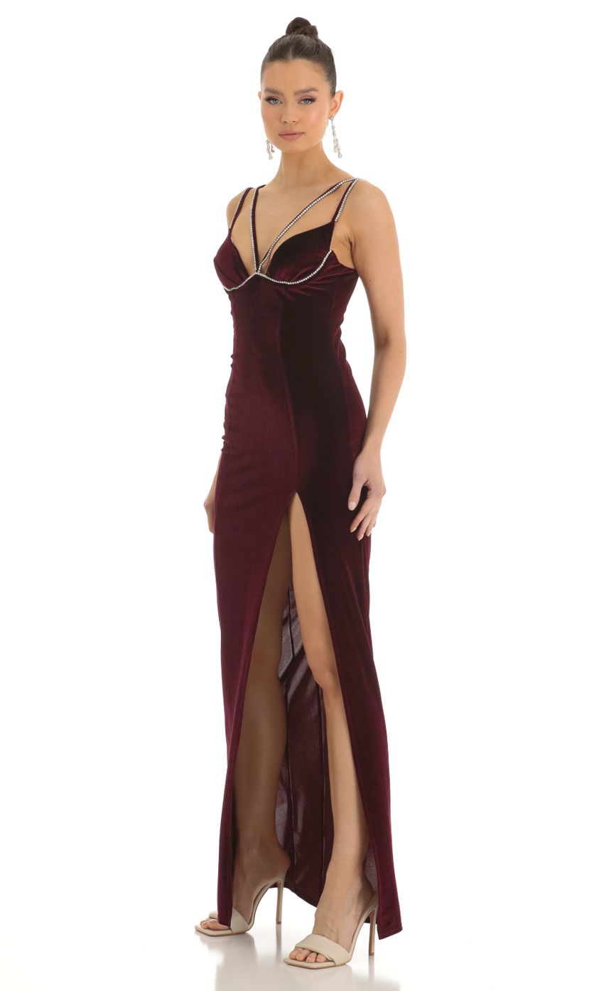 Picture Telsa Rhinestone Bust Velvet Maxi Dress in Dark Red. Source: https://media.lucyinthesky.com/data/Jan23/850xAUTO/202647e4-321f-4d91-999a-1c51b8d2831c.jpg
