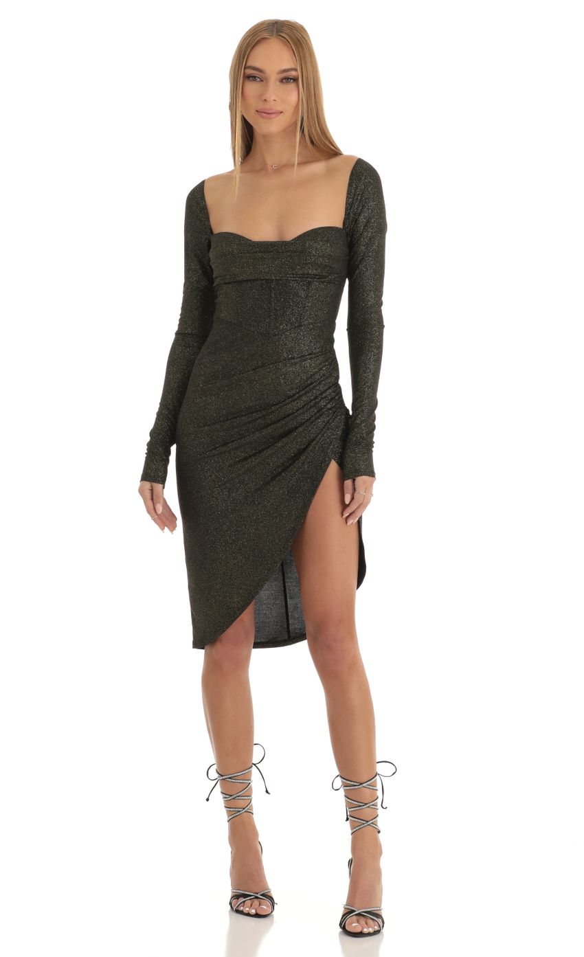 Picture Aziza Gold Shimmer Ruched Midi Dress in Black. Source: https://media.lucyinthesky.com/data/Jan23/850xAUTO/246d1f3a-3881-4880-aa1b-fac89db62e47.jpg