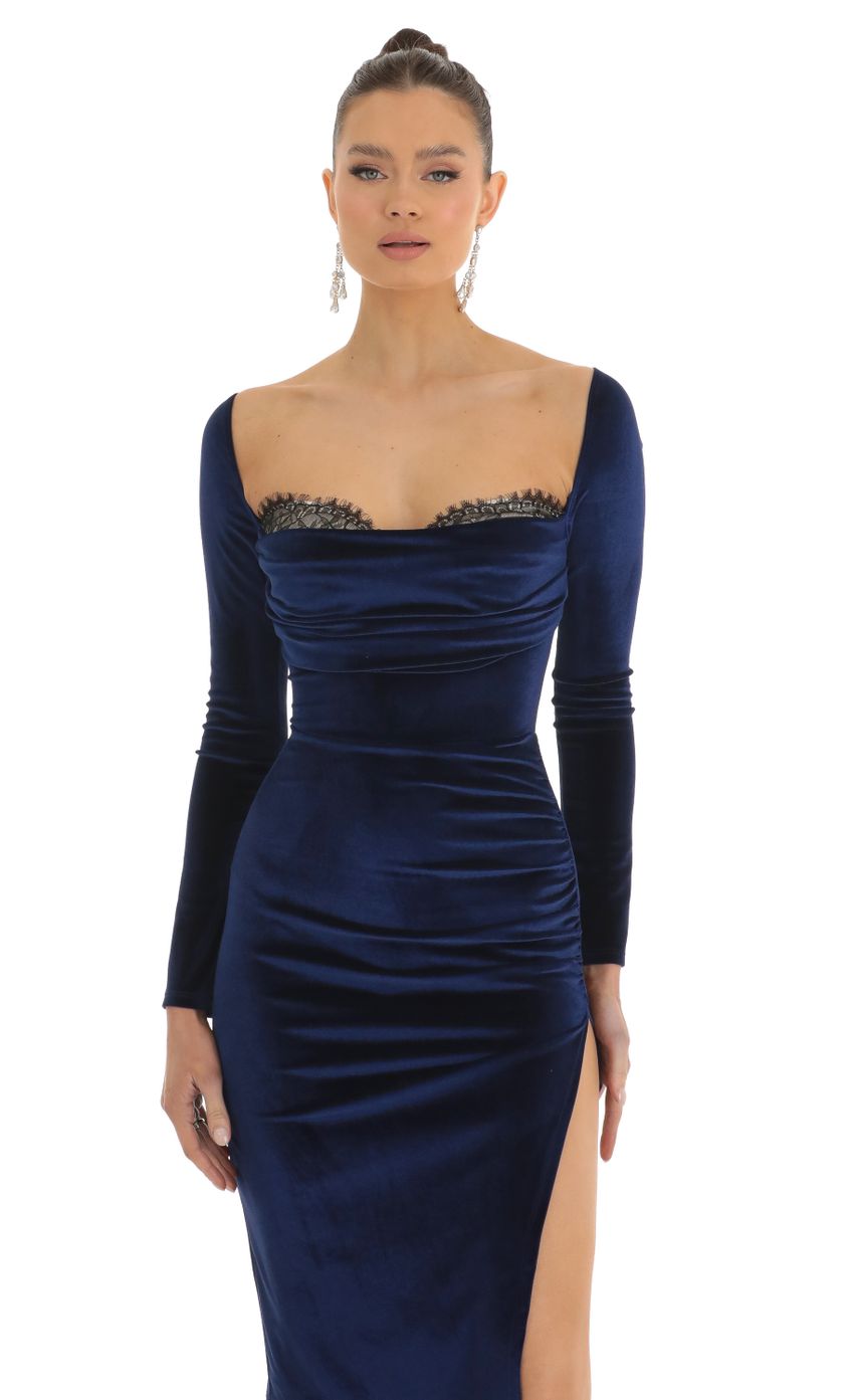 Lida Lace Bust Velvet Midi Dress is Dark Blue | LUCY IN THE SKY