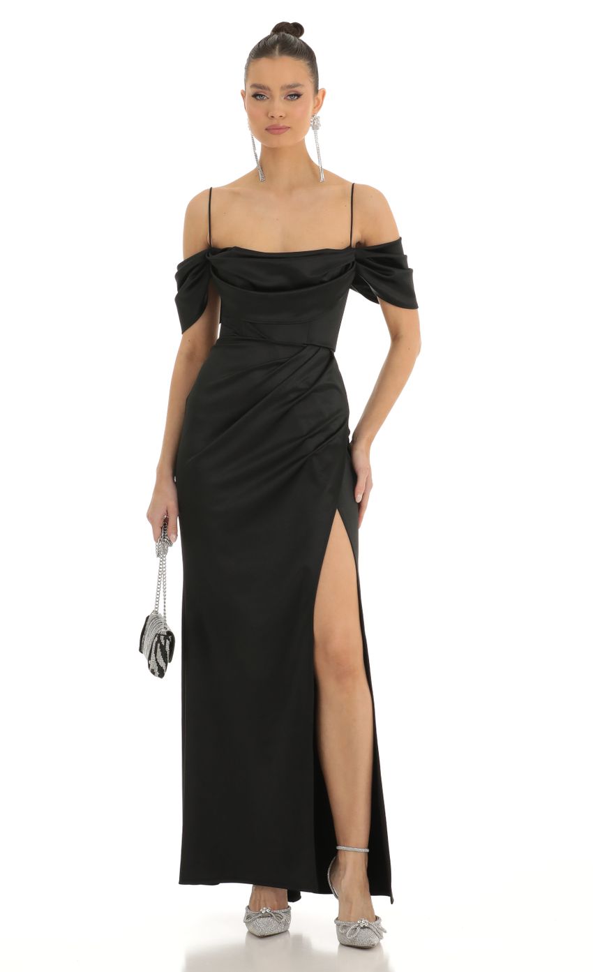 Picture Eris Satin Cowl Off Shoulder Maxi Dress in Black. Source: https://media.lucyinthesky.com/data/Jan23/850xAUTO/33317e83-b858-4b22-8173-02e0e7166299.jpg