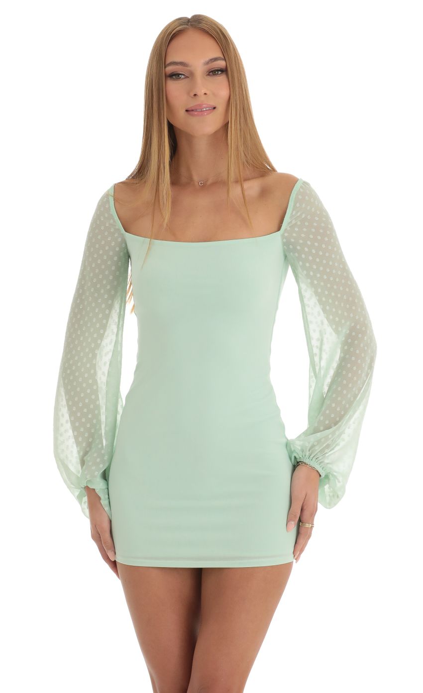 Picture Shantelle Dotted Long Sleeve Dress in Soft Green. Source: https://media.lucyinthesky.com/data/Jan23/850xAUTO/452d2a47-82b0-4333-91e1-46e32278d9d7.jpg