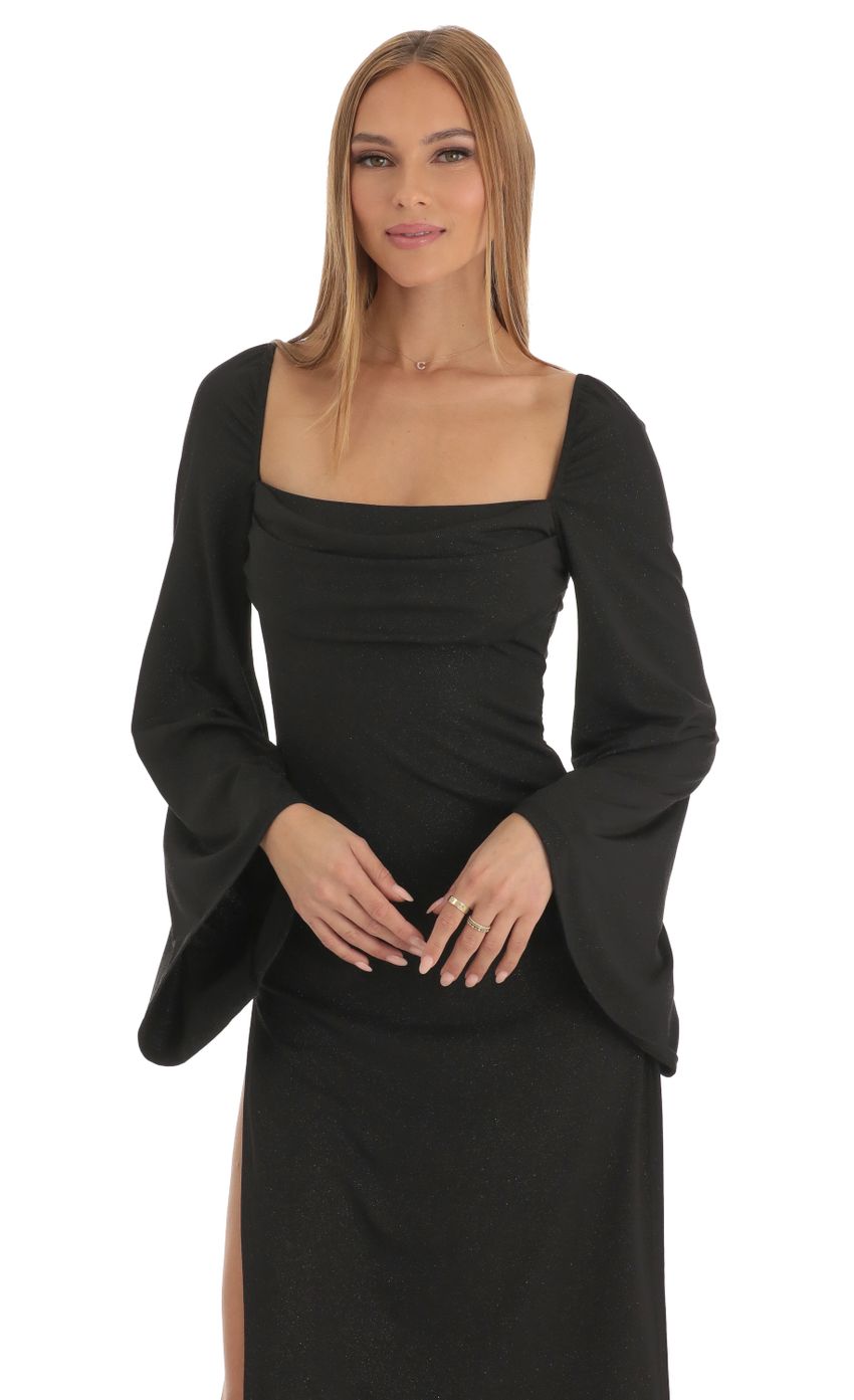 Picture Jazlyn Glitter Flare Sleeve Midi Dress in Black. Source: https://media.lucyinthesky.com/data/Jan23/850xAUTO/460a0ceb-a572-41fb-b993-ab9918282f21.jpg