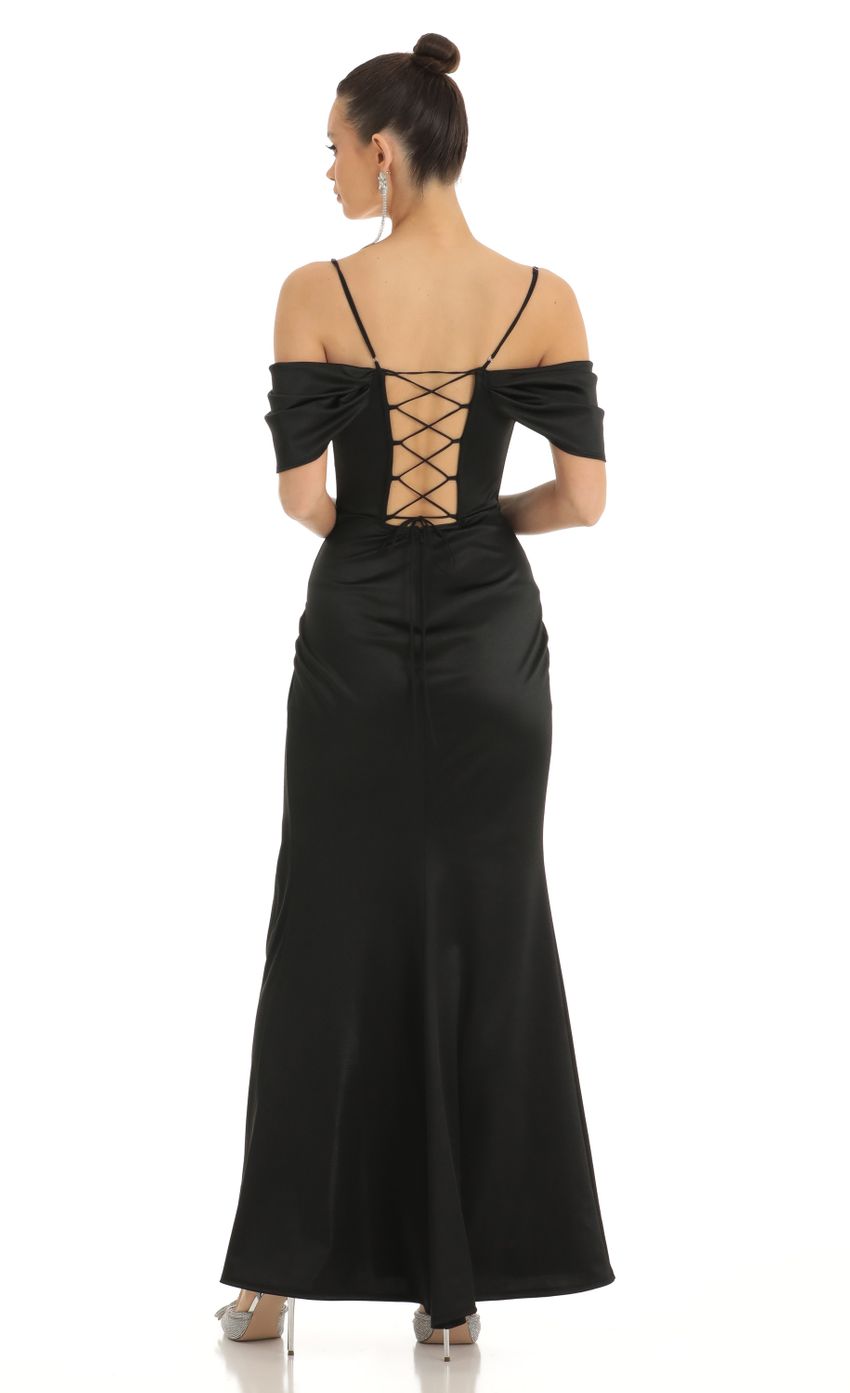 Picture Eris Satin Cowl Off Shoulder Maxi Dress in Black. Source: https://media.lucyinthesky.com/data/Jan23/850xAUTO/4cc786f4-f92b-42ea-b518-0b1e54683d8c.jpg
