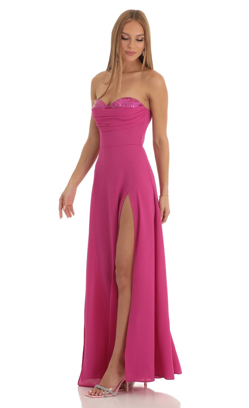 Picture Julissa Sequin Bust Crepe Maxi Dress in Hot Pink. Source: https://media.lucyinthesky.com/data/Jan23/850xAUTO/5297b160-6239-4cdf-aaca-07bdb2a8ce33.jpg