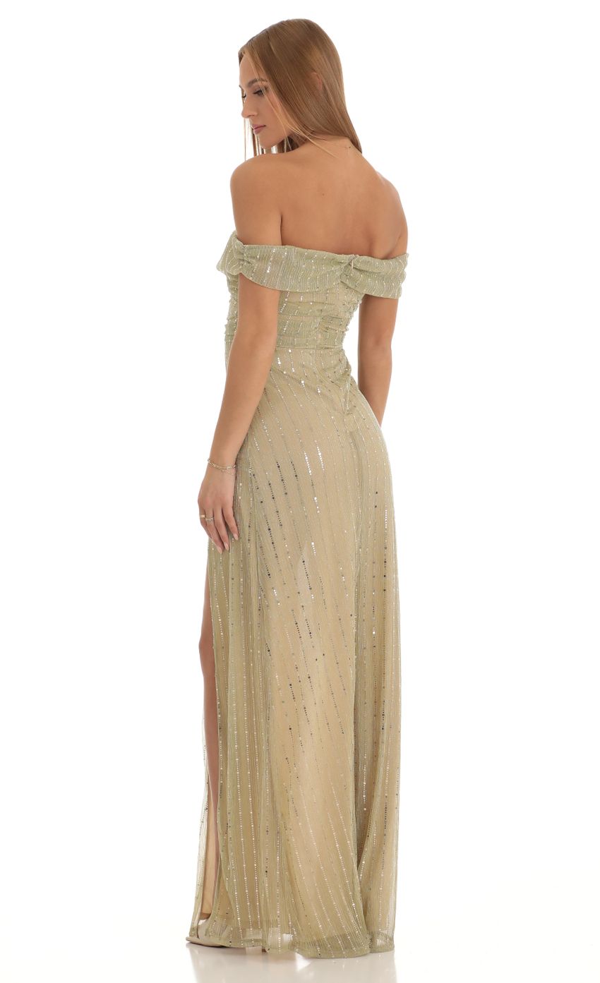 Picture Sena Sequin Striped Off The Shoulder Maxi Dress in Gold. Source: https://media.lucyinthesky.com/data/Jan23/850xAUTO/53d38ffe-bbca-4719-8857-1cfc1bb98ad8.jpg