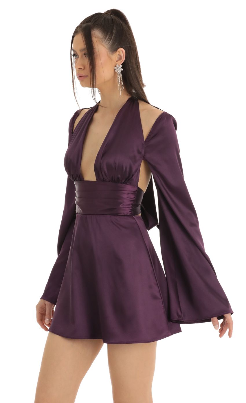 Picture Indya Satin Cold Shoulder Plunge Dress in Purple. Source: https://media.lucyinthesky.com/data/Jan23/850xAUTO/5442f798-78d0-4912-b413-2a7f3eca73c2.jpg