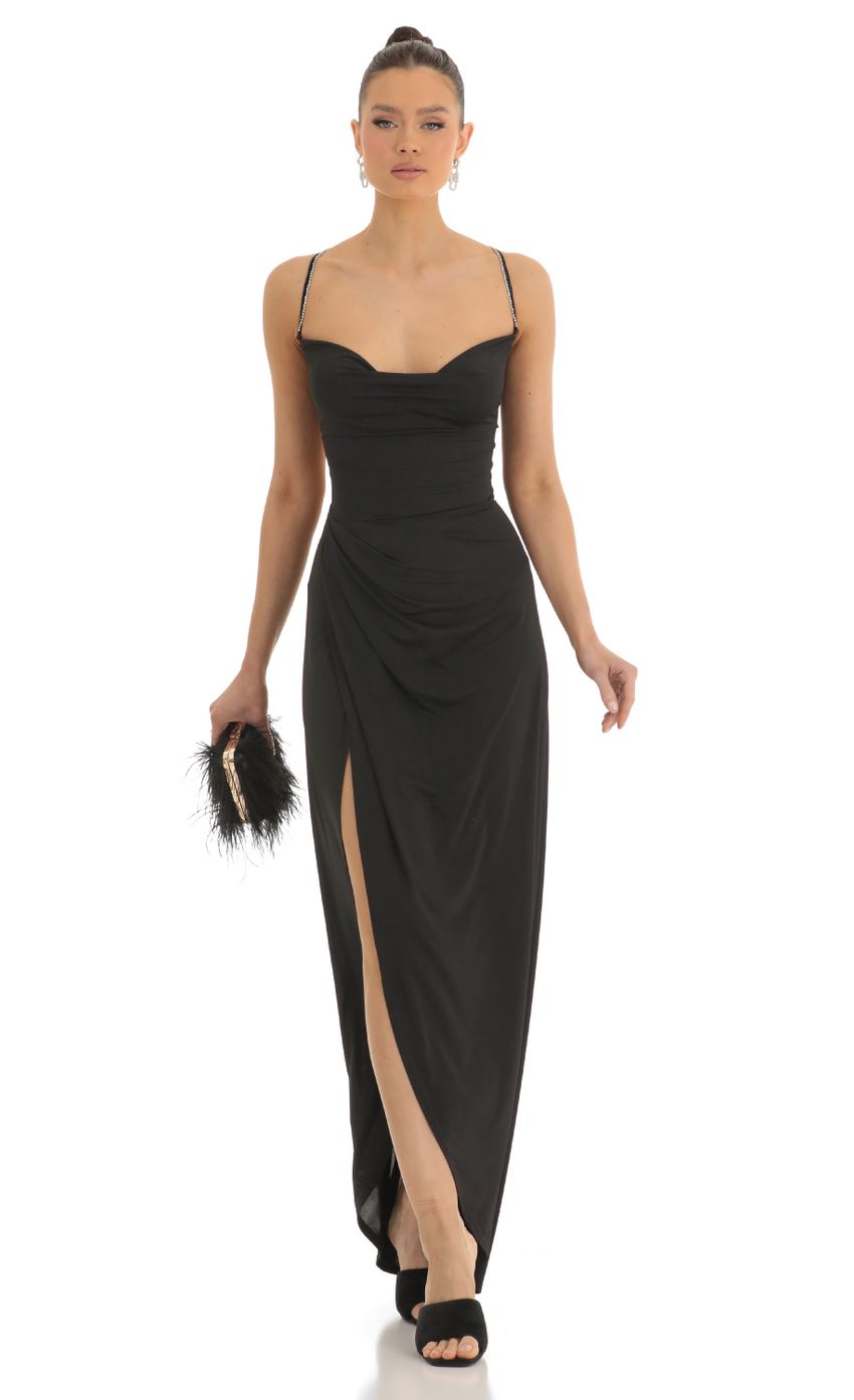 Picture Lovely Asymmetrical Maxi Dress in Black. Source: https://media.lucyinthesky.com/data/Jan23/850xAUTO/624c42c7-3557-49c0-a137-2f2cc9487343.jpg