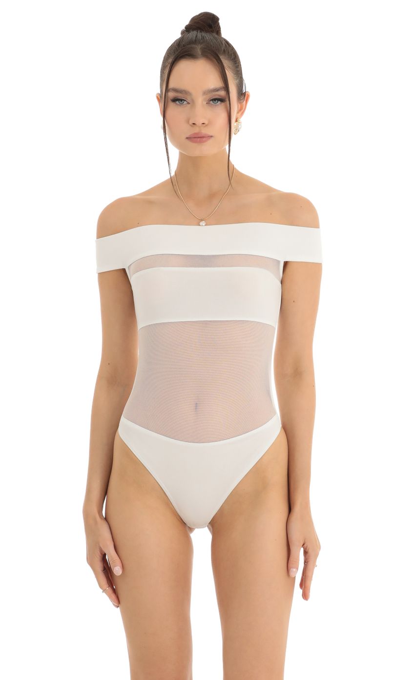 Picture Off Shoulder Mesh Cut Out Bodysuit in White. Source: https://media.lucyinthesky.com/data/Jan23/850xAUTO/65ad6b59-6dc0-47fc-86e6-8b564c73176e.jpg