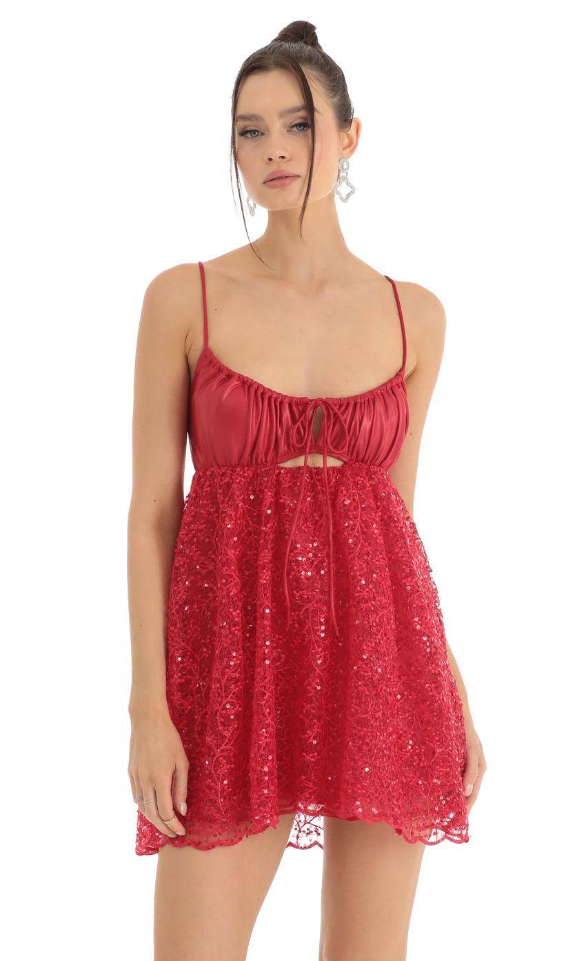 Iselin Sequin Embroidered Baby Doll Dress in Red LUCY IN THE SKY