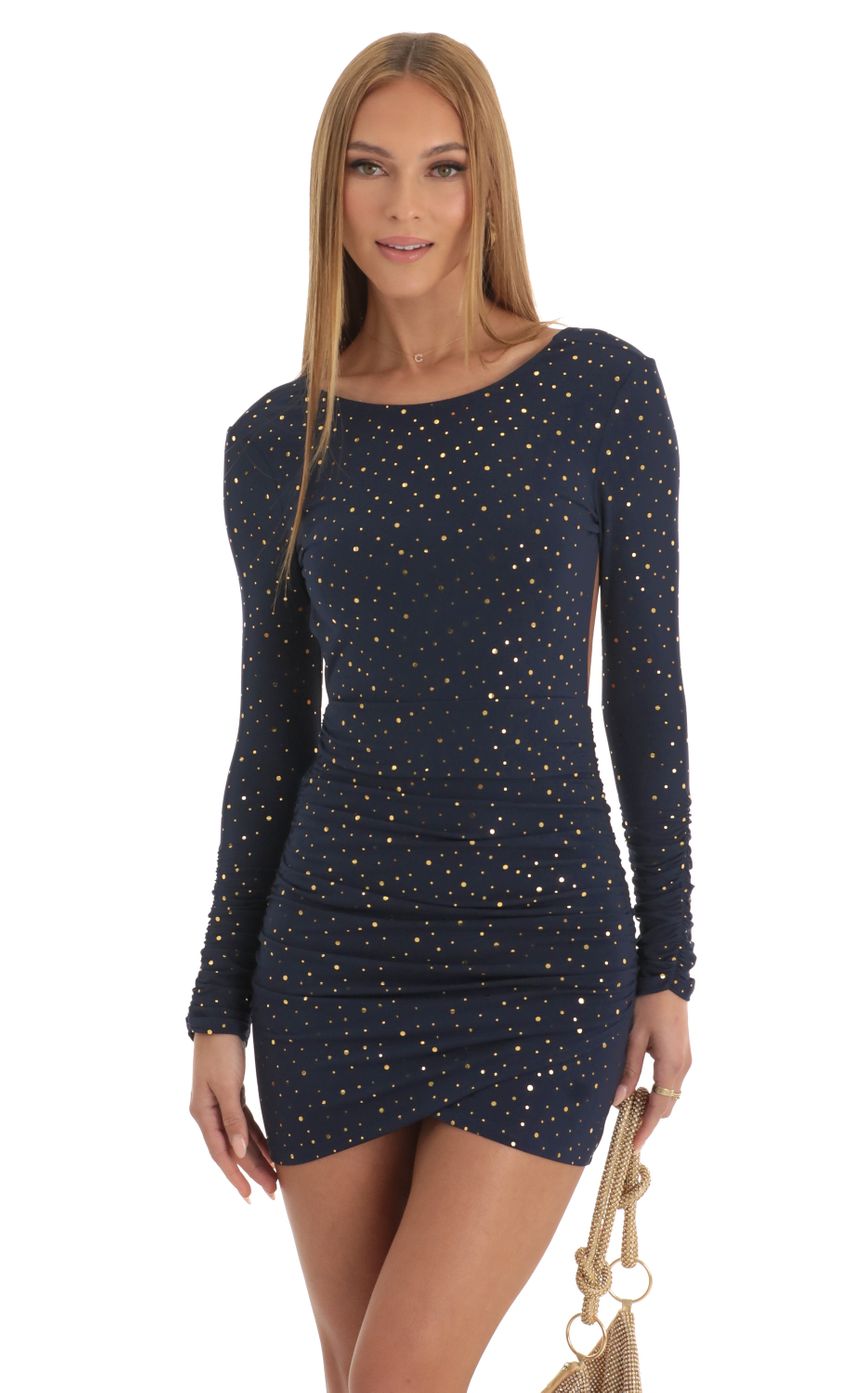 Picture Josie Gold Foil Open Back Dress in Navy. Source: https://media.lucyinthesky.com/data/Jan23/850xAUTO/76ab3900-1a6b-476a-9f0c-a1dc538c332c.jpg